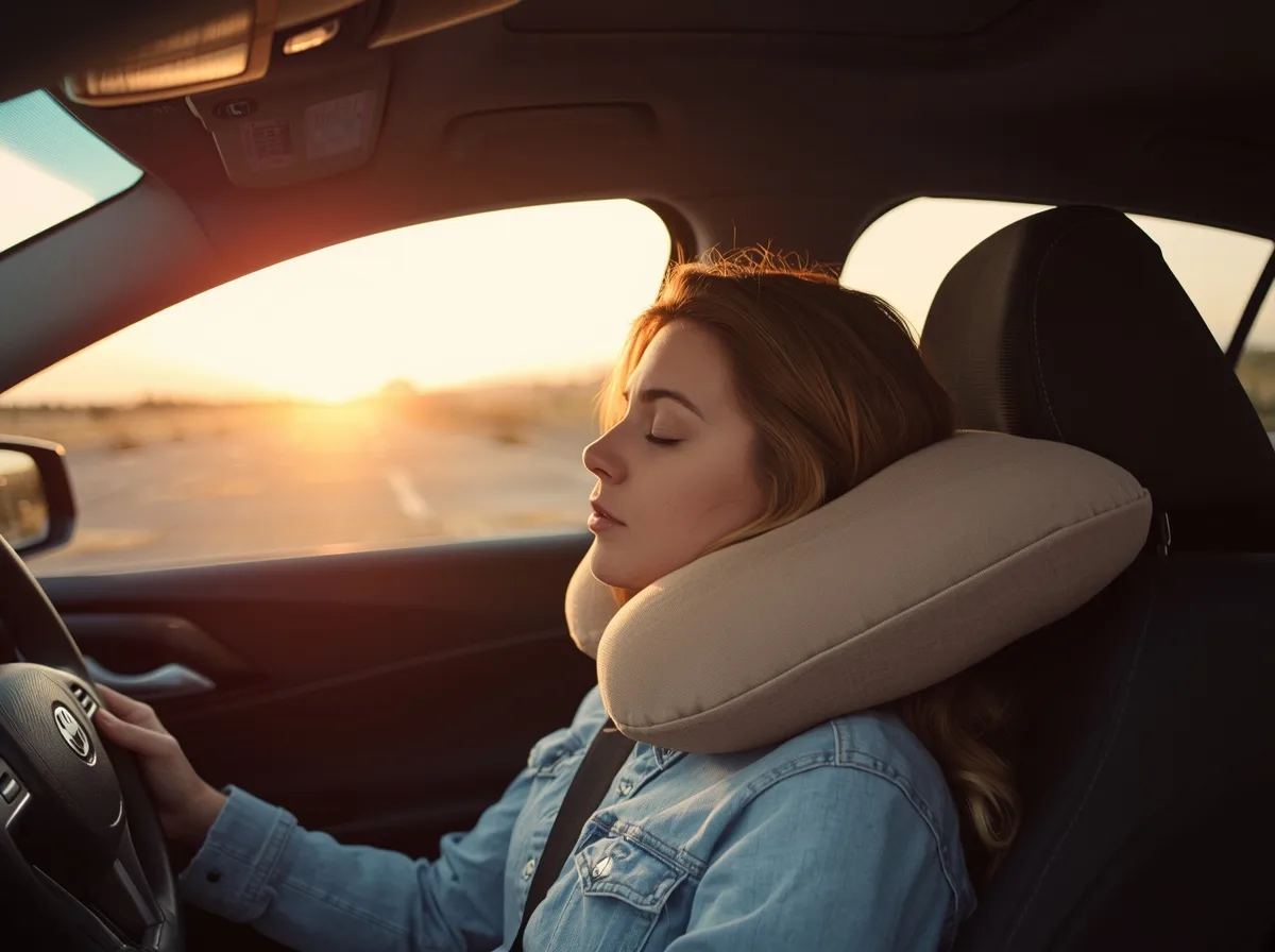 Woman asleep in a car passenger seat with a travel pillow during a golden-hour road trip