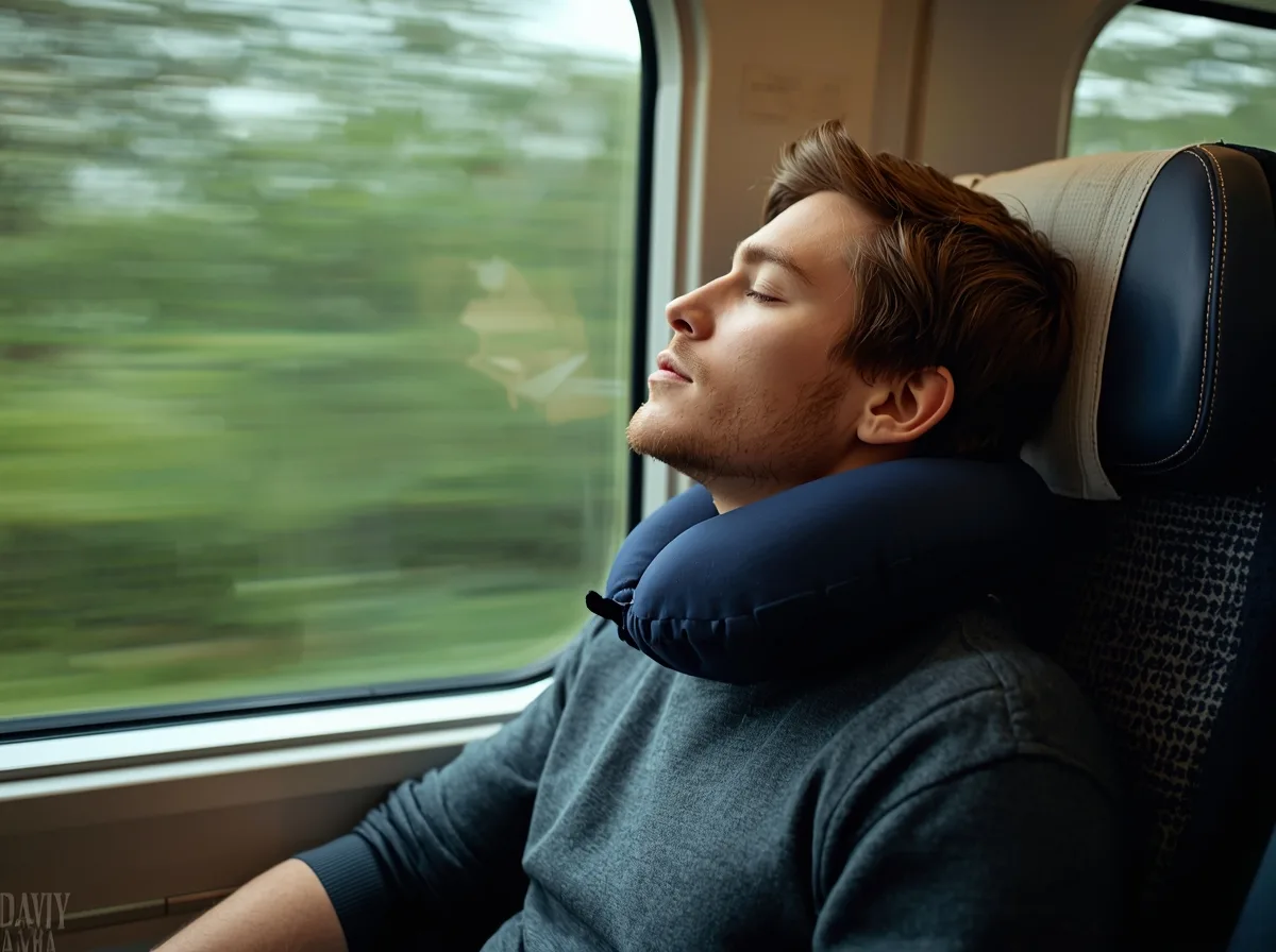 Young man dozing in a train window seat with a travel pillow, countryside blurring past