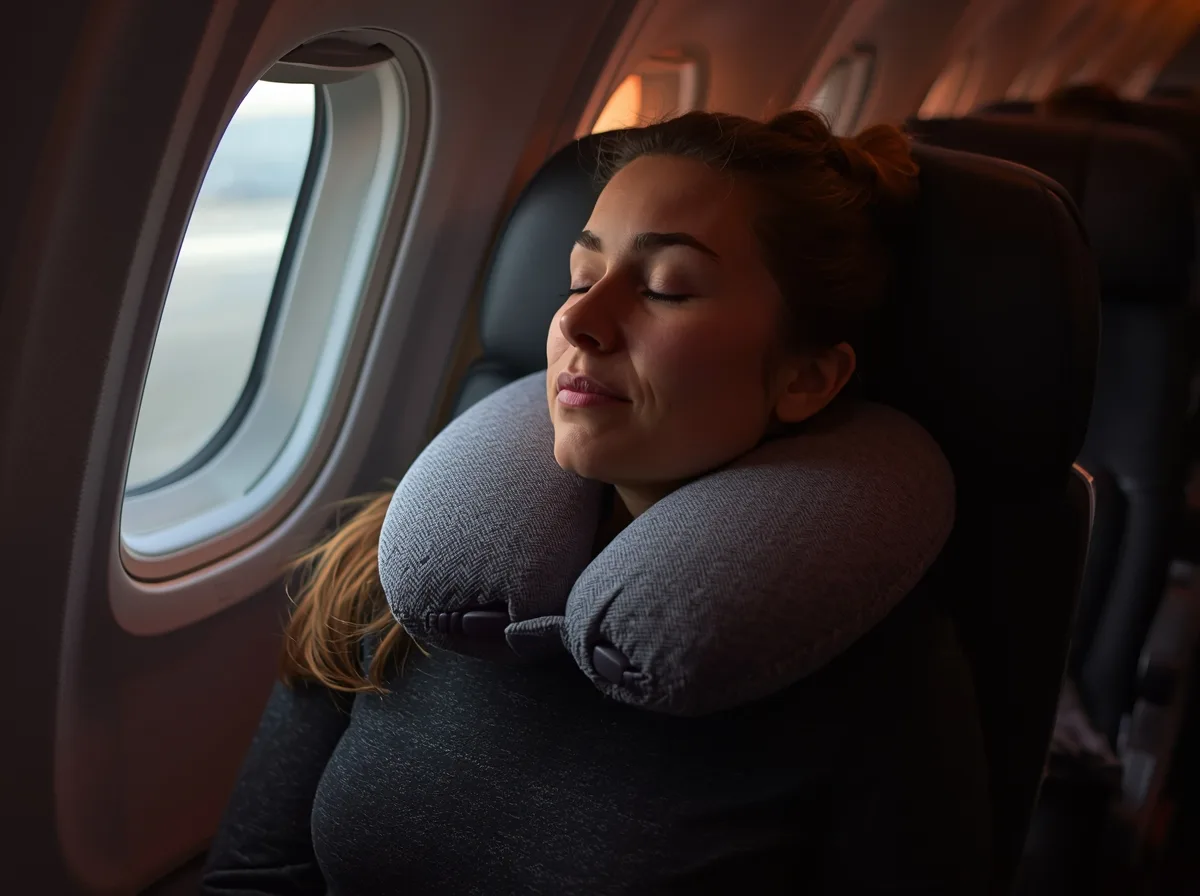 Woman sleeping peacefully against an airplane window wearing a chin-support travel pillow