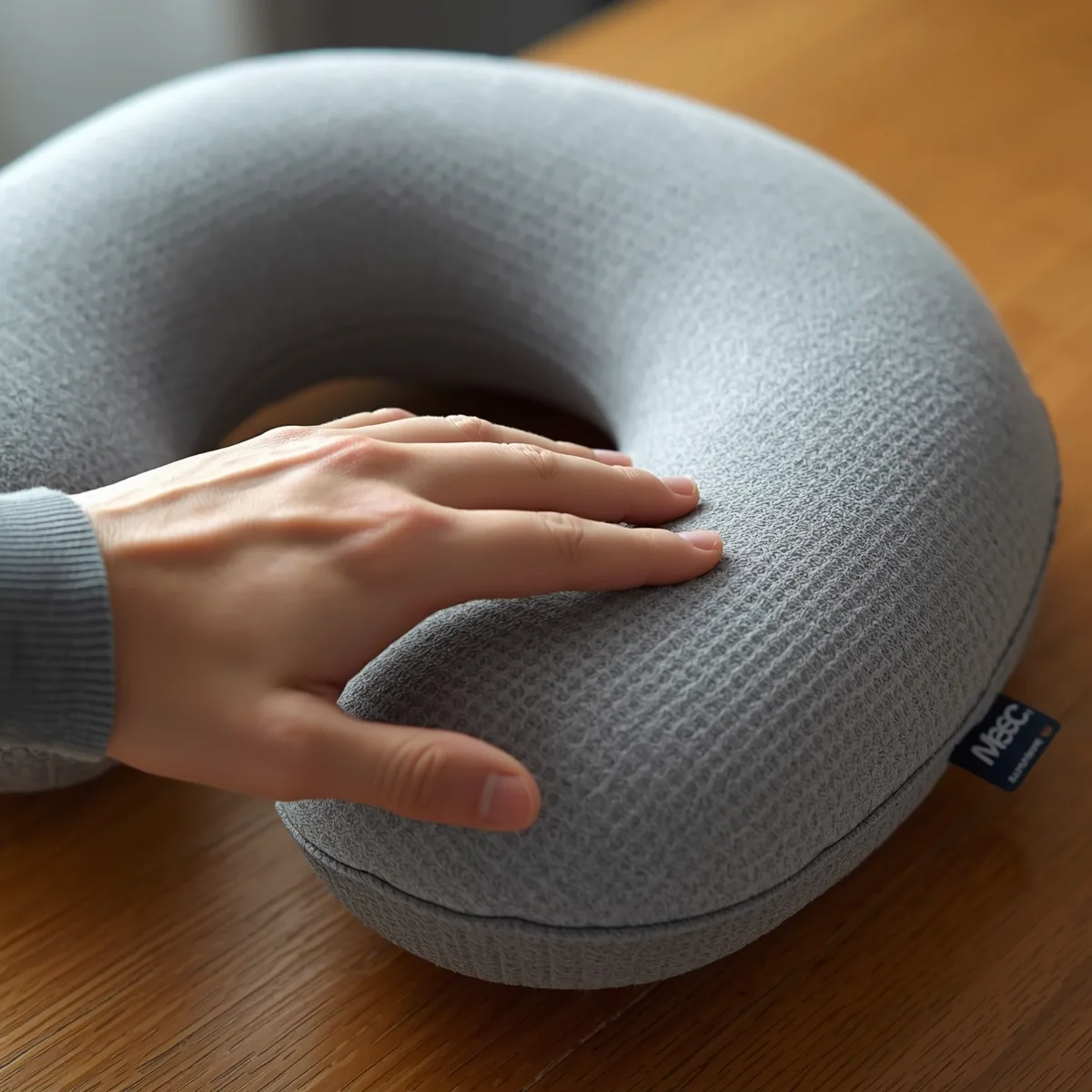 Hand pressing into memory foam of a travel pillow showing slow recovery