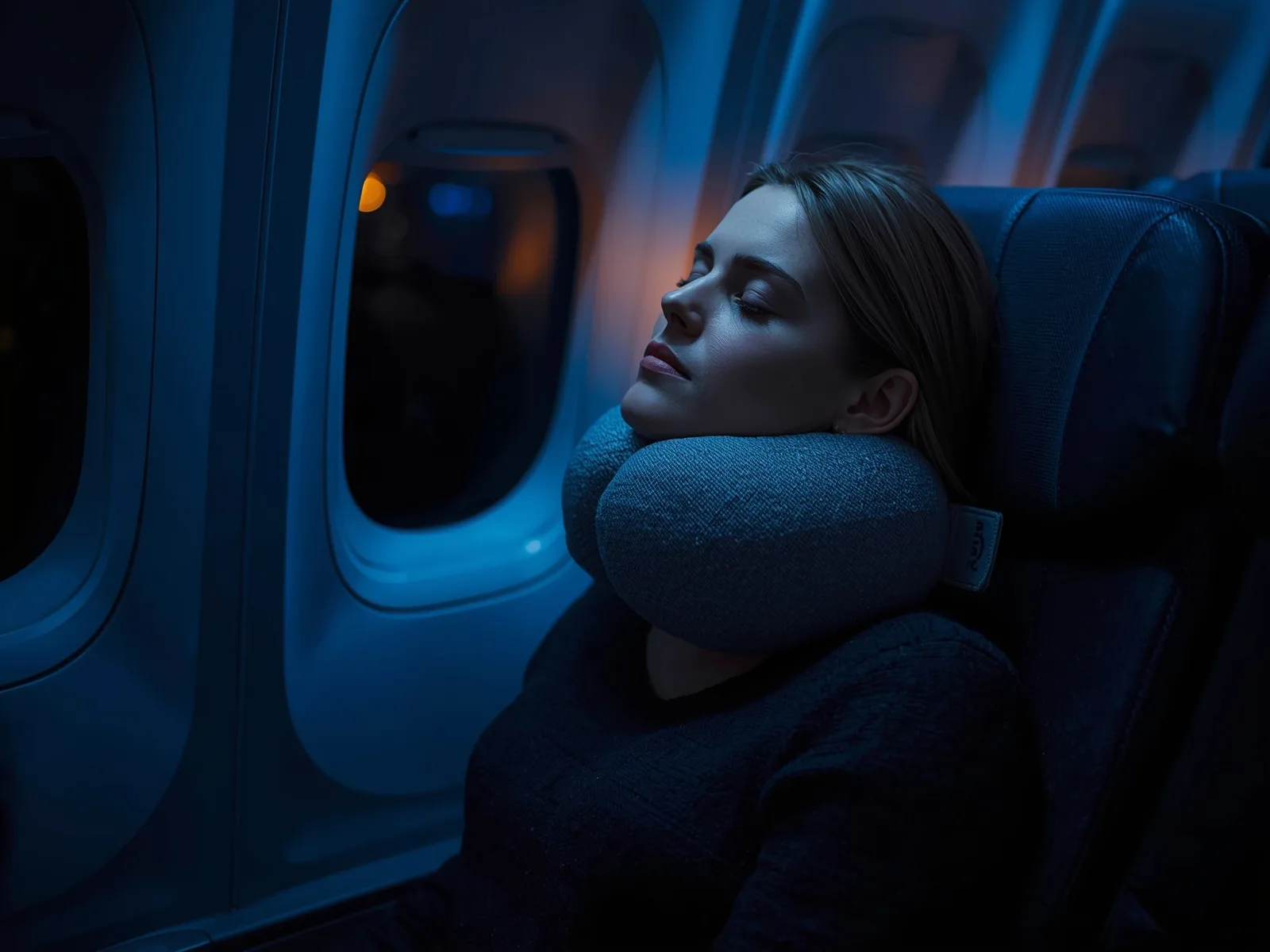 Woman sleeping upright in an airplane window seat wearing a chin-support travel pillow